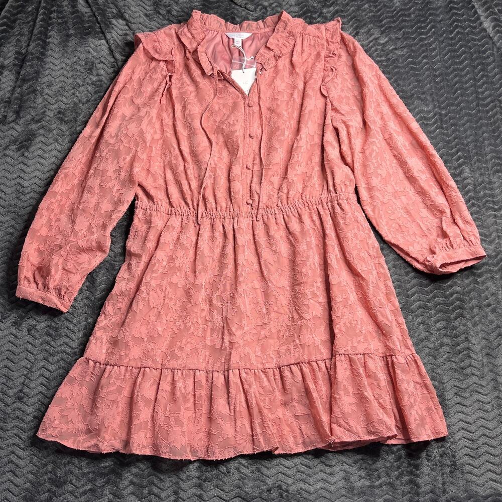 NWT Lauren Conrad Size 2XL Pink Floral Chiffon Ruffle Burnout Dress Long Sleeve